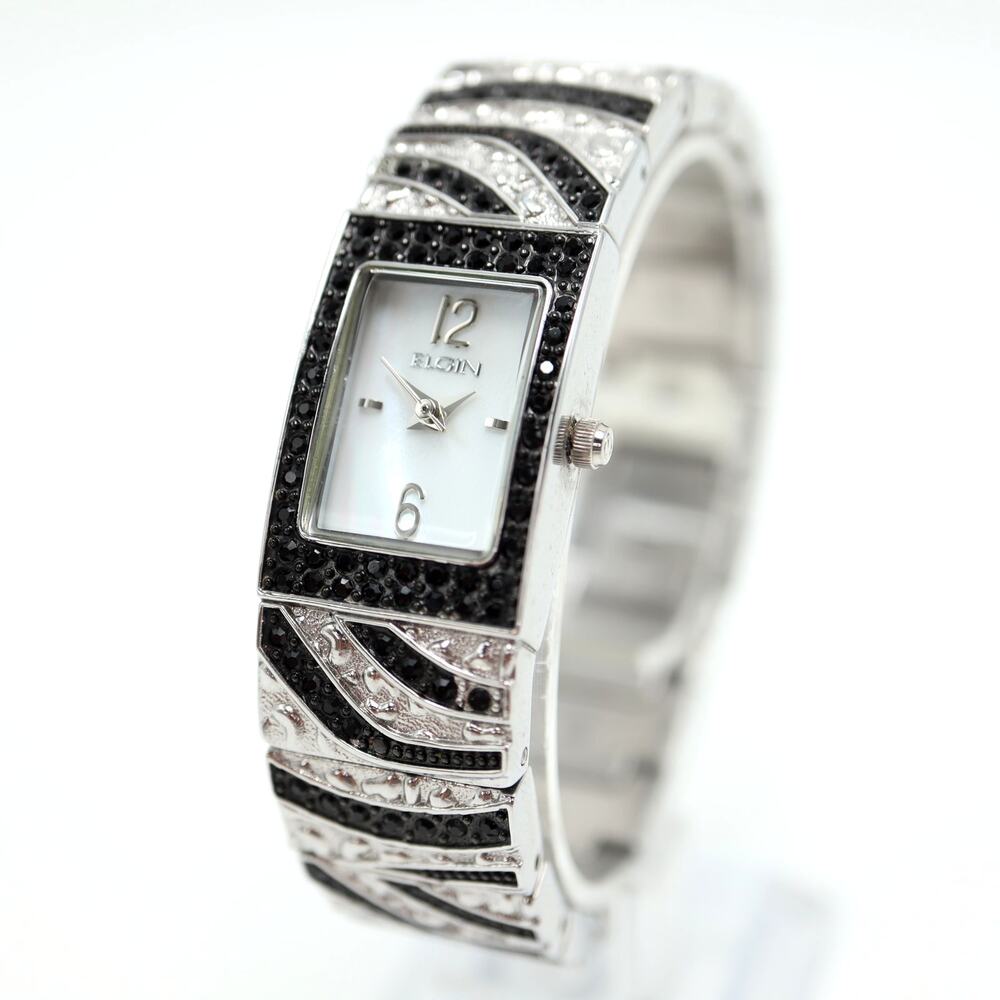 Elgin Womens Silver Tone Black Crystal Zebra Strip MOP Watch 17mm w New Battery